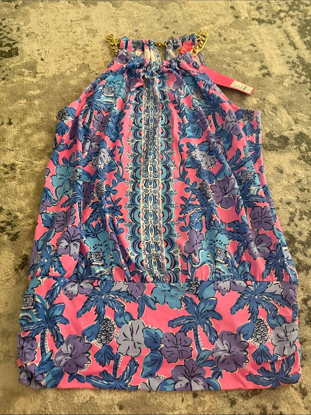 Lilly Pulitzer Pink Blue Purple Floral Halter Tank with Gold Chain